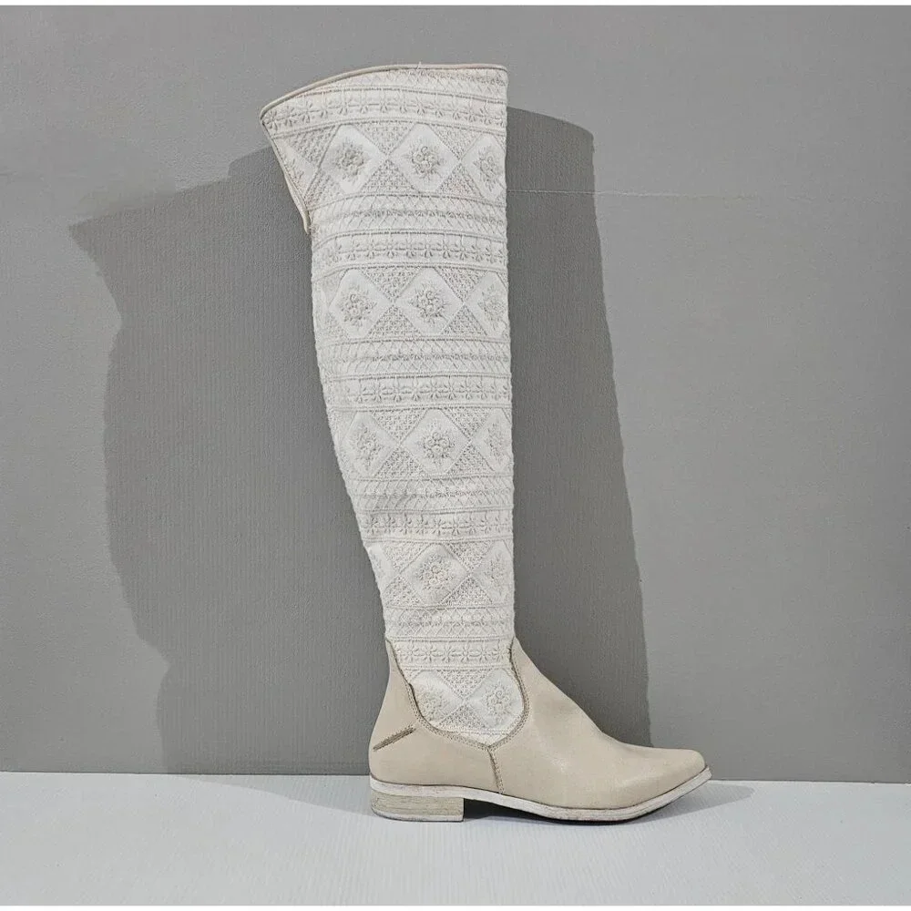 Free People Bren Knee High Boot Womens EU 37 Cream Embroidered Slouchy Boho
